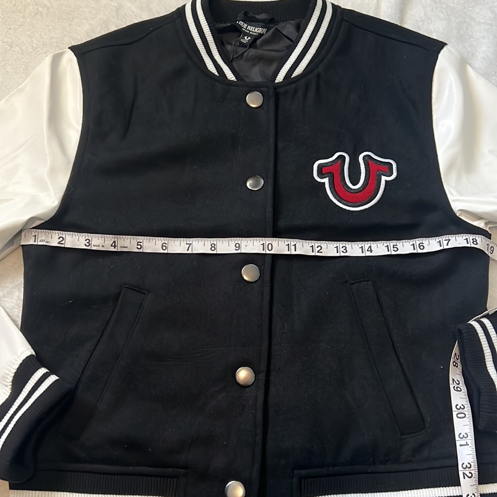 NWT True Religion True Varsity Jacket Black and Winter White Embroidered Detail - Picture 7 of 13